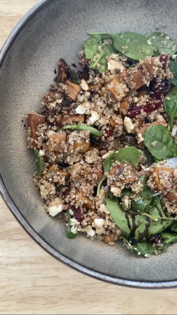 Feta, Quinoa, Pumpkin, Beetroot and Spinach salad tossed with balsamic dressing and some pomegranate seeds. An amazing contender for top healthy options in Rawai at Poached Rawai Beach, Phuket, Thailand.