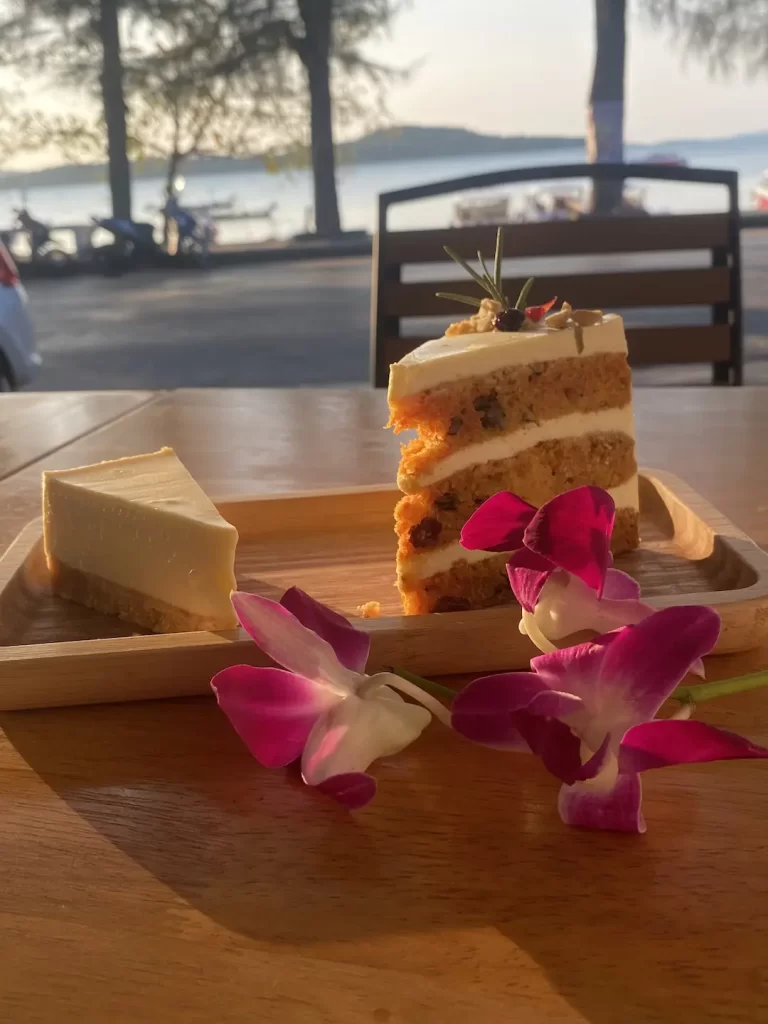 Carrot cake and cheese cake with a sea view. The best dessert in Rawai at Poached Breakfast Cafe Rawai, Phuket, Thailand