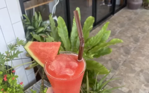 Someone holding the best watermelon smoothie near Rawai with foliage and glass doors in the background. Only at Poached Breakfast Cafe, Rawai, Phuket, Thailand