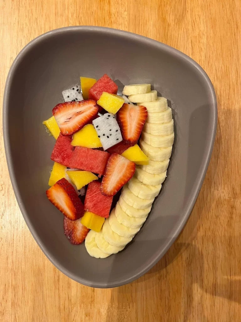 Fruit salad with banana, strawberries, mango, watermelon and dragonfruit. A great refresher instead of a big bacony breakfast. The most delicious bacon in Nai Harn can be found at Poached Breakfast Cafe Rawai, Phuket, Thailand