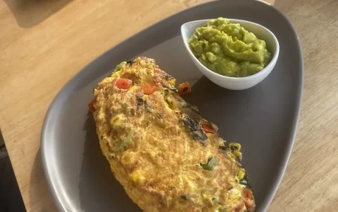 Spicy Mexican flavours in an omelette with smashed avocado on the side. This is the perfect meal after visiting one of the great gyms near Nai Harn. Only at Poached Breakfast Cafe, Rawai, Phuket, Thailand