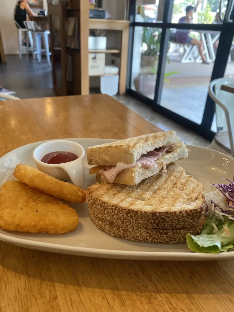 Toasted sandwich with the best hash browns in Nai Harn. Only at Poached Breakfast Cafe, Rawai, Phuket, Thailand