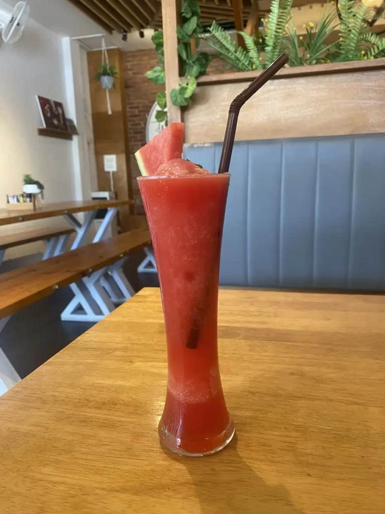 Our fresh watermelon smoothie is a great alternative to the best ground coffee near Nai Harn at Poached Breakfast Cafe Rawai, Phuket, Thailand