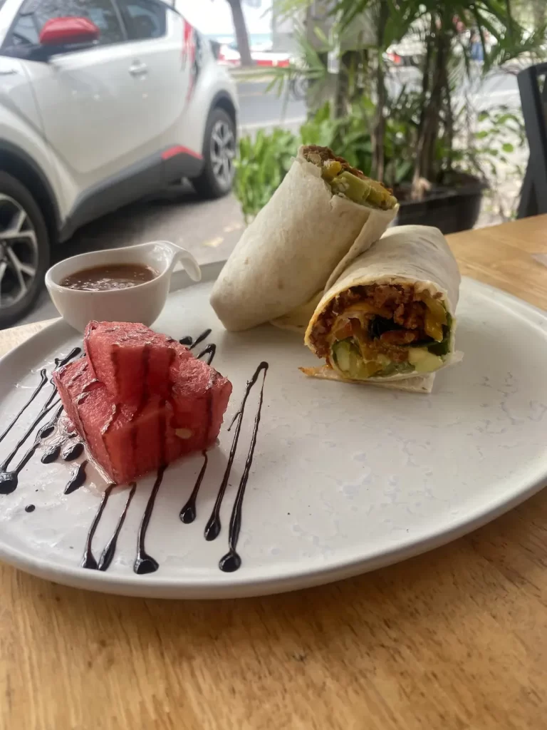 Breakfast wrap with watermelon at the best place to spend a rainy day in Rawai: Poached Breakfast Cafe Rawai