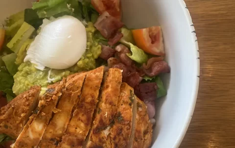 Close up of a chicken cobb salad at the cafe to eat at before you head out on one of the great routes to run in Nai Harn: Poached Breakfast Cafe, Phuket, Thailand