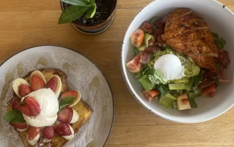 Cobb Salad and French Toast with strawberries and banana at the best place to fuel up before going trekking near Nai Harn: Poached Breakfast Cafe Rawai, Phuket, Thailand